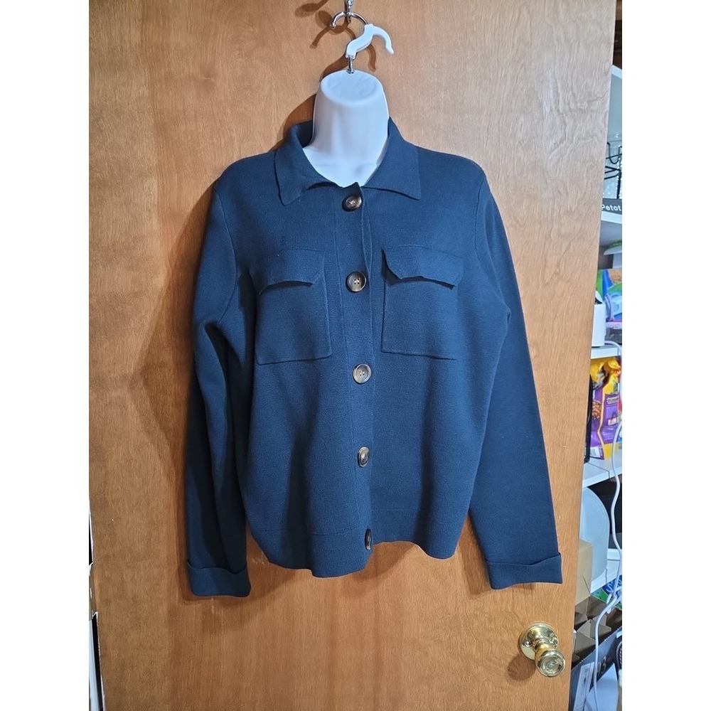 T Tahari Navy Blue Knit Shirt Jacket Shacket Women Large Utility Pocket Cardigan